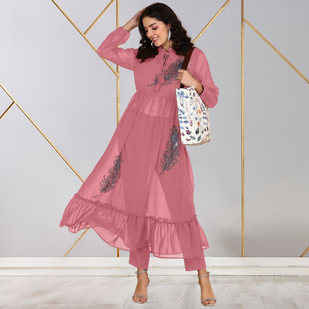 ✨ Peacock Feather Sequin Motifs Georgette Tunic & Pant Set for Women