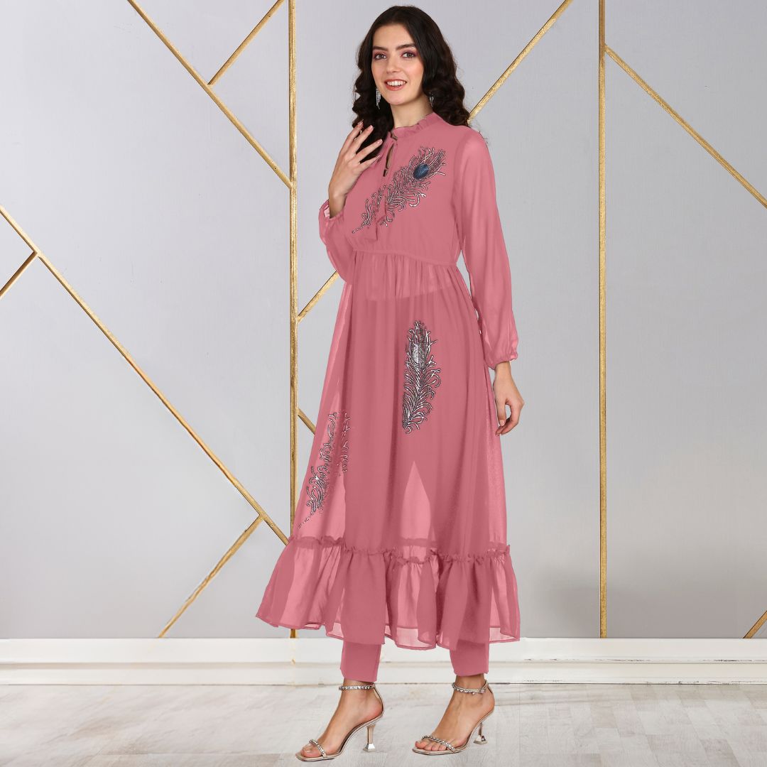 ✨ Peacock Feather Sequin Motifs Georgette Tunic & Pant Set for Women