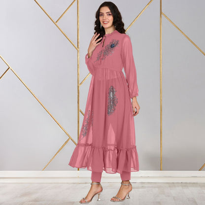 ✨ Peacock Feather Sequin Motifs Georgette Tunic & Pant Set for Women