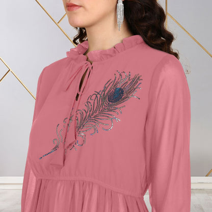 ✨ Peacock Feather Sequin Motifs Georgette Tunic & Pant Set for Women