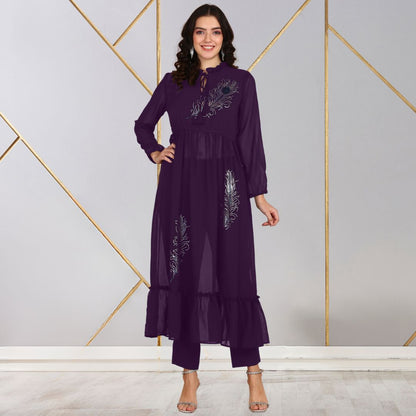 ✨ Peacock Feather Sequin Motifs Georgette Tunic & Pant Set for Women