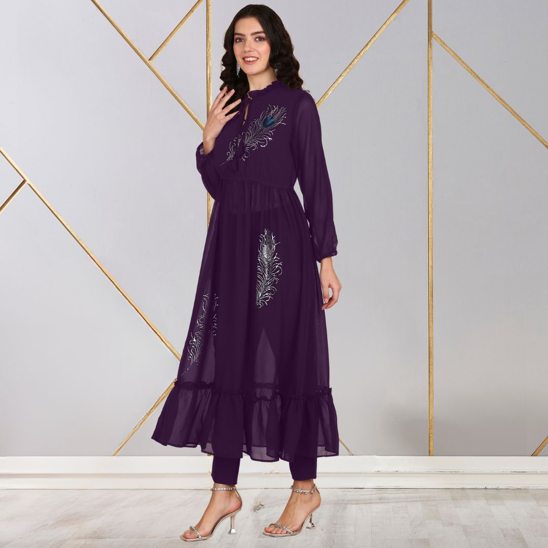 ✨ Peacock Feather Sequin Motifs Georgette Tunic & Pant Set for Women