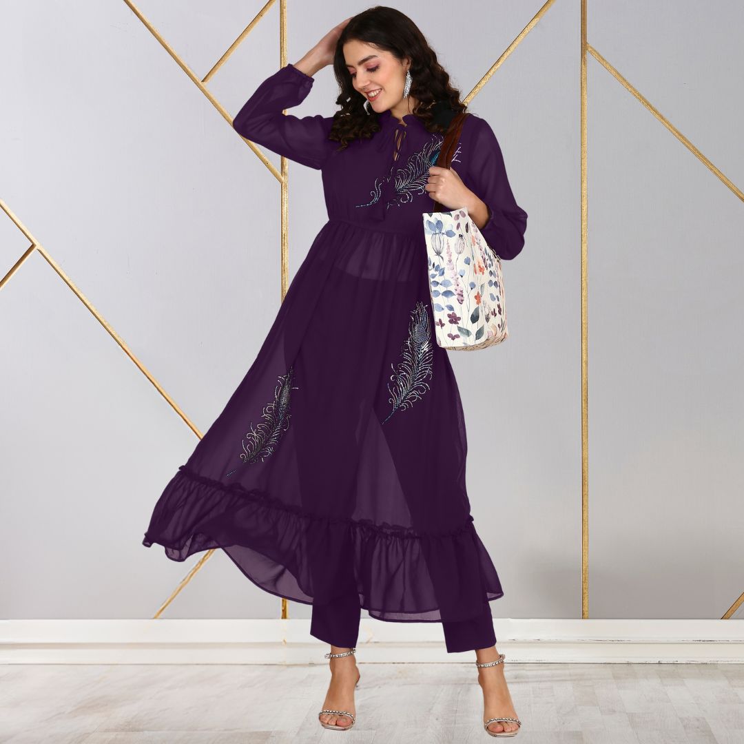 ✨ Peacock Feather Sequin Motifs Georgette Tunic & Pant Set for Women