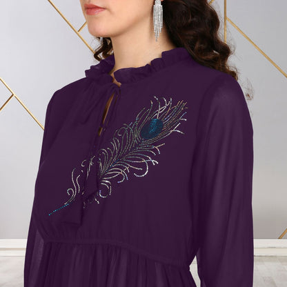 ✨ Peacock Feather Sequin Motifs Georgette Tunic & Pant Set for Women