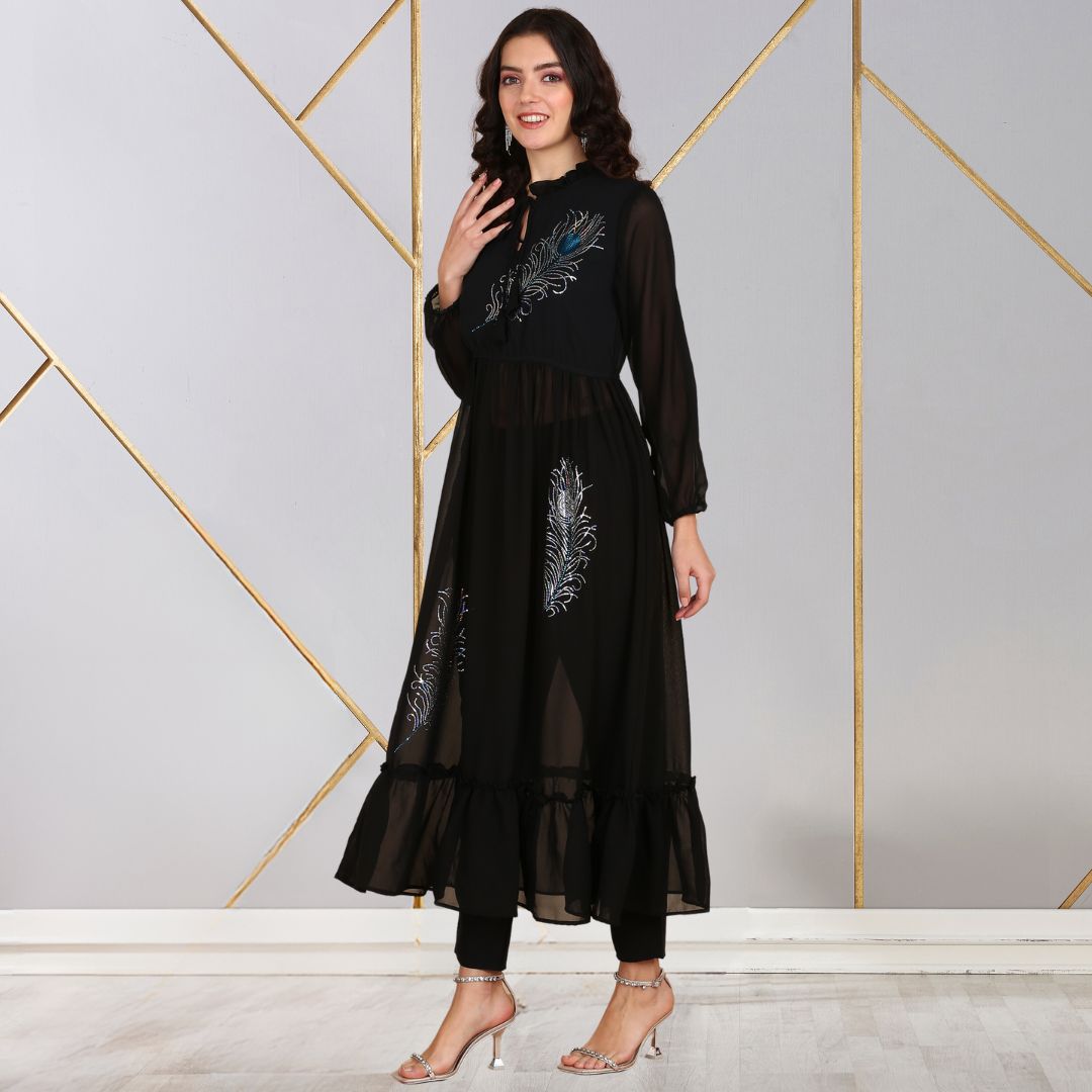 ✨ Peacock Feather Sequin Motifs Georgette Tunic & Pant Set for Women