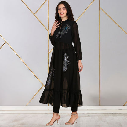 ✨ Peacock Feather Sequin Motifs Georgette Tunic & Pant Set for Women
