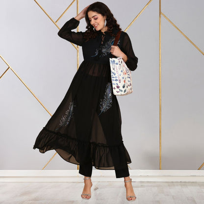 ✨ Peacock Feather Sequin Motifs Georgette Tunic & Pant Set for Women
