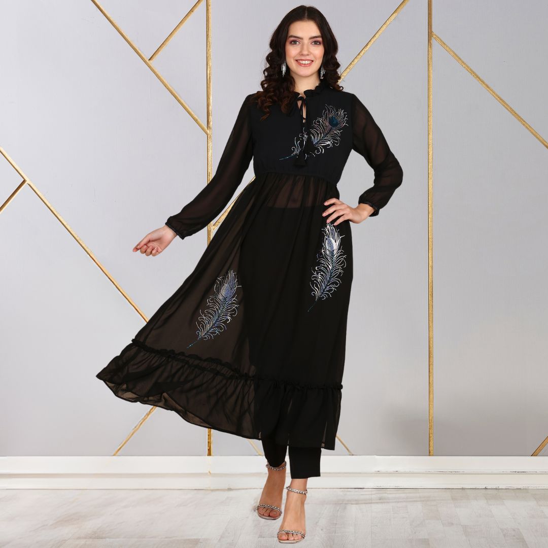 ✨ Peacock Feather Sequin Motifs Georgette Tunic & Pant Set for Women