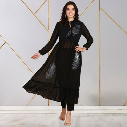 ✨ Peacock Feather Sequin Motifs Georgette Tunic & Pant Set for Women