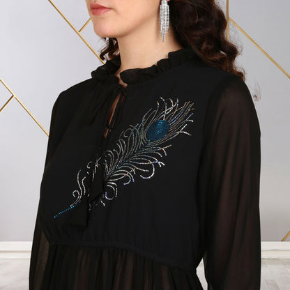 ✨ Peacock Feather Sequin Motifs Georgette Tunic & Pant Set for Women
