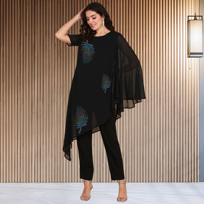 Asymmetric Sequin Embellished Women’s Georgette Top & Pant Co-Ord Set – Festive Party Wear