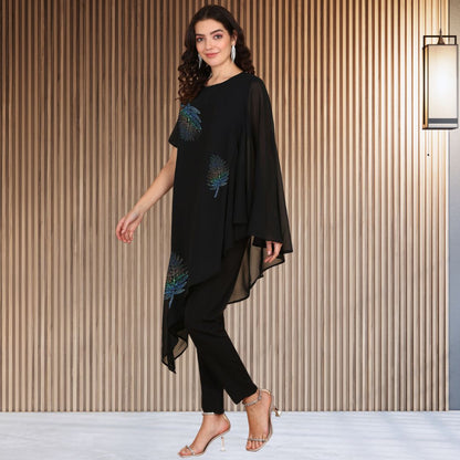 Asymmetric Sequin Embellished Women’s Georgette Top & Pant Co-Ord Set – Festive Party Wear
