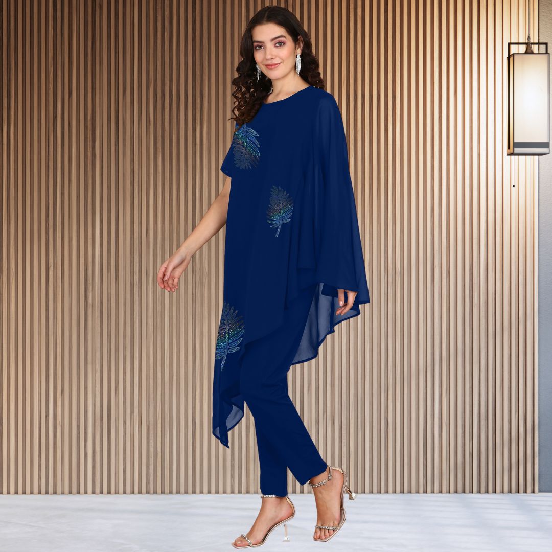 Asymmetric Sequin Embellished Women’s Georgette Top & Pant Co-Ord Set – Festive Party Wear
