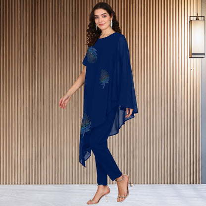 Asymmetric Sequin Embellished Women’s Georgette Top & Pant Co-Ord Set – Festive Party Wear