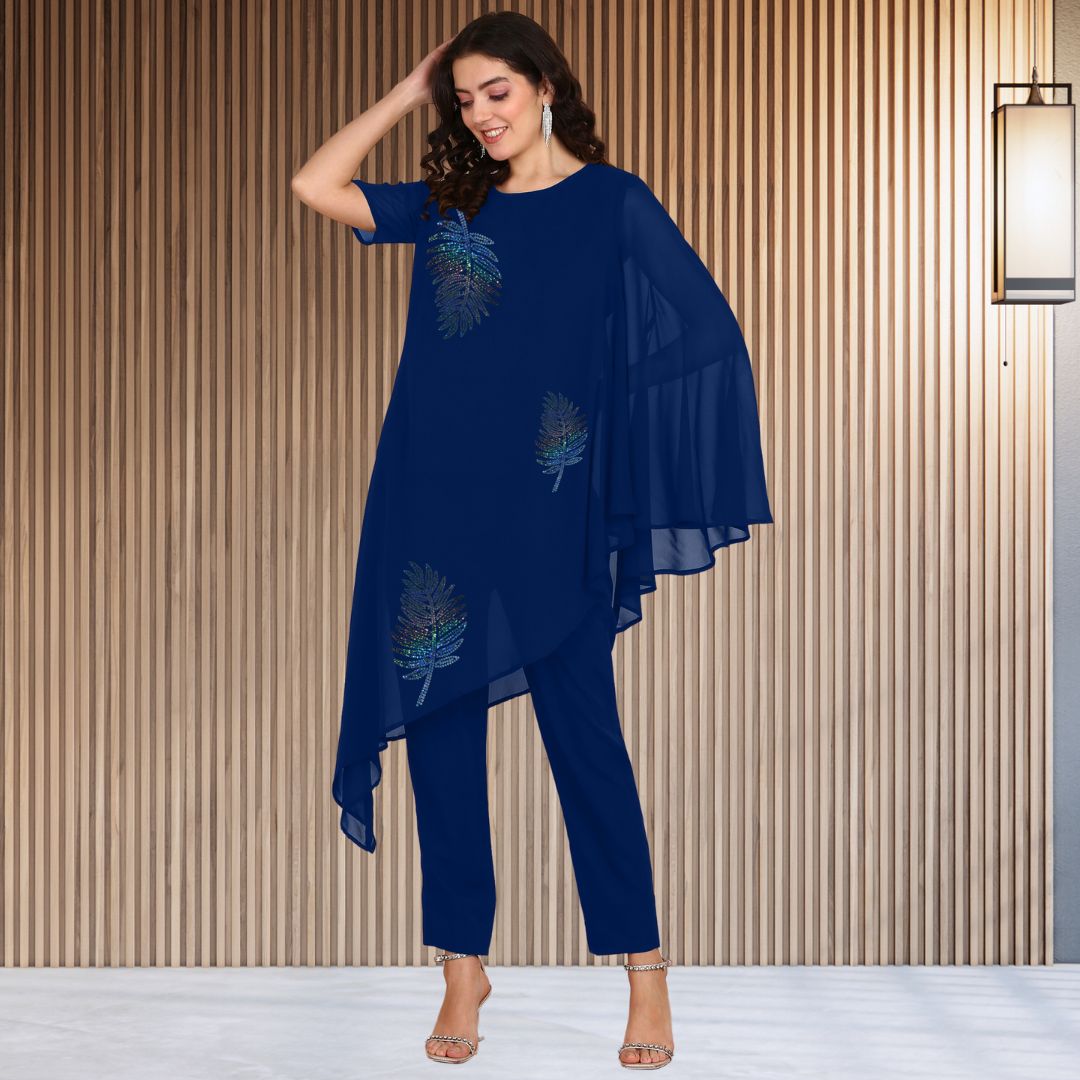 Asymmetric Sequin Embellished Women’s Georgette Top & Pant Co-Ord Set – Festive Party Wear