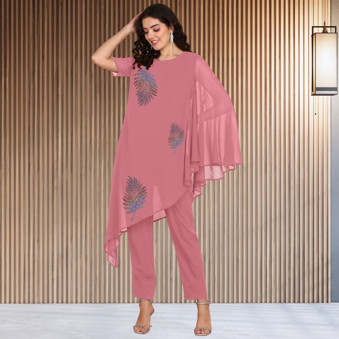 Asymmetric Sequin Embellished Women’s Georgette Top & Pant Co-Ord Set – Festive Party Wear