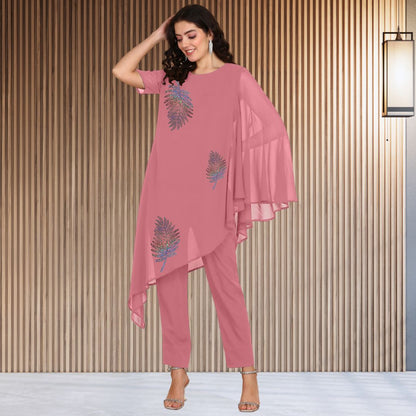 Asymmetric Sequin Embellished Women’s Georgette Top & Pant Co-Ord Set – Festive Party Wear