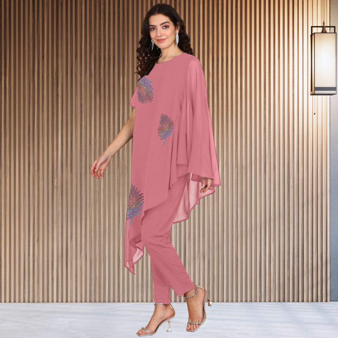 Asymmetric Sequin Embellished Women’s Georgette Top & Pant Co-Ord Set – Festive Party Wear