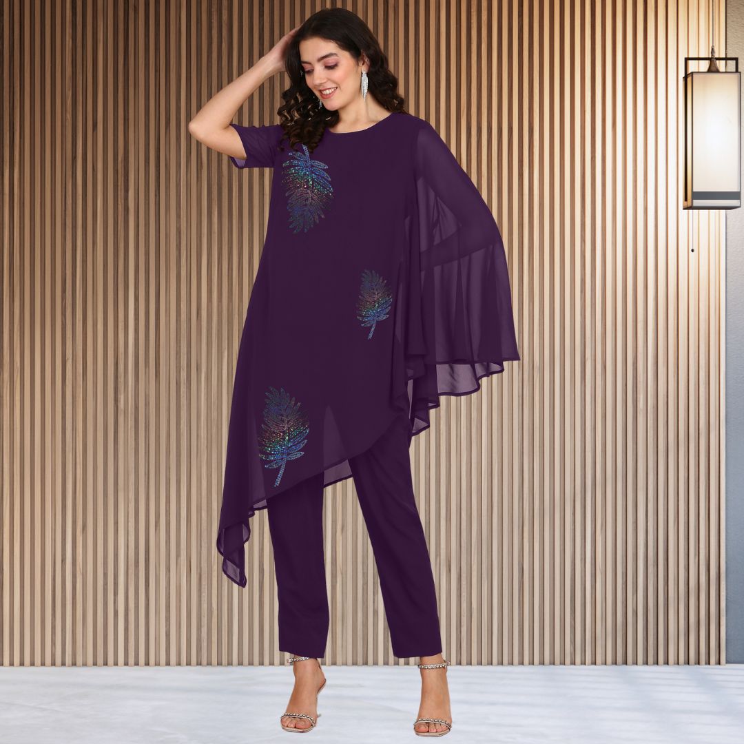Asymmetric Sequin Embellished Women’s Georgette Top & Pant Co-Ord Set – Festive Party Wear