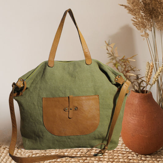 Large Jute Handbag with Leather Pocket & Handles – Eco-Friendly Everyday Tote