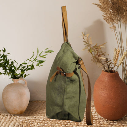 Large Jute Handbag with Leather Pocket & Handles – Eco-Friendly Everyday Tote
