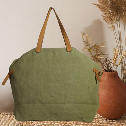 Large Jute Handbag with Leather Pocket & Handles – Eco-Friendly Everyday Tote