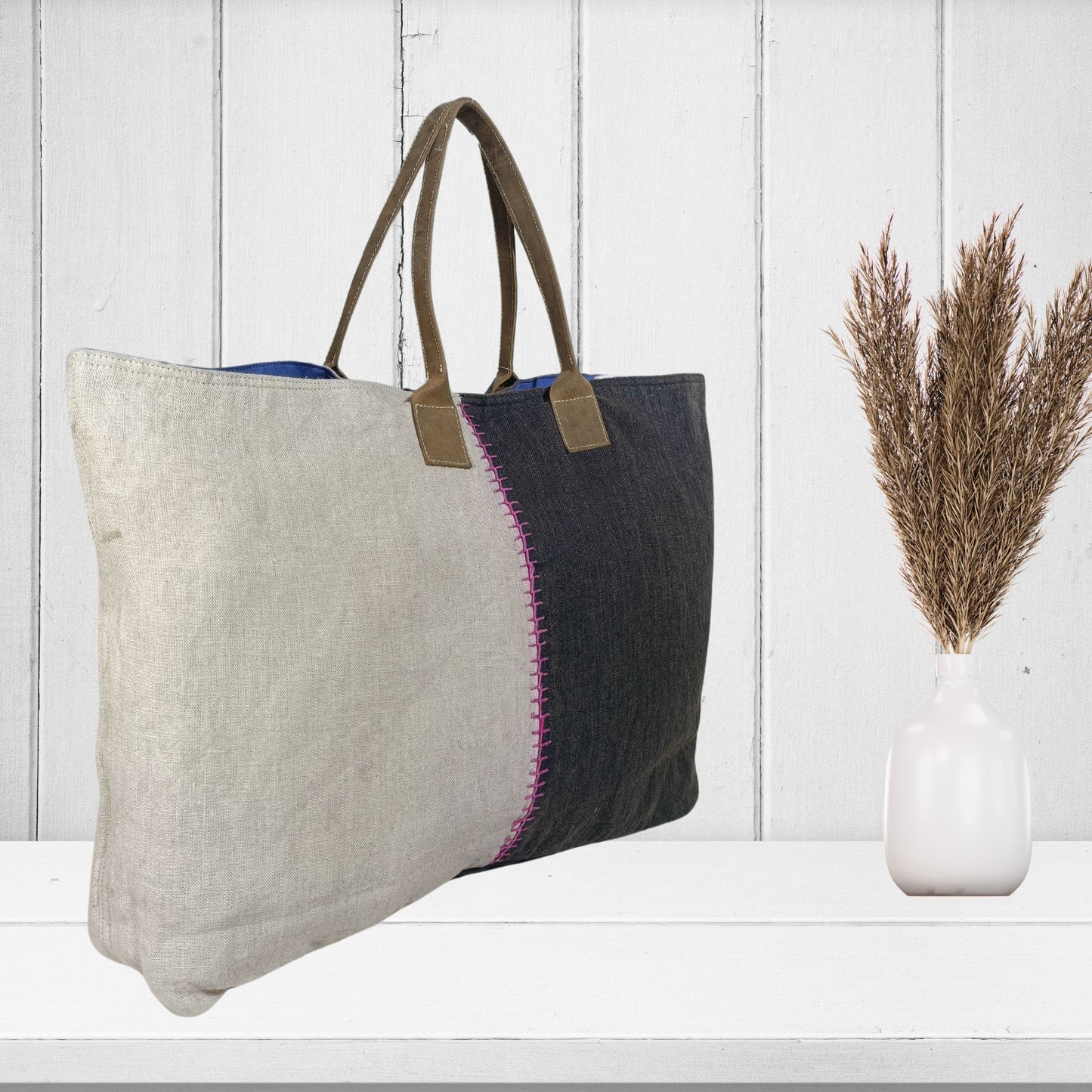Elegant Linen Color Block Handbag with Genuine Leather Handles
