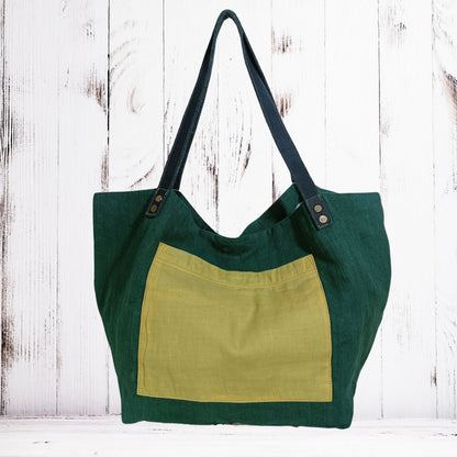Large Linen Handbag with Wide Stripe Back – Modern Classic Everyday Tote