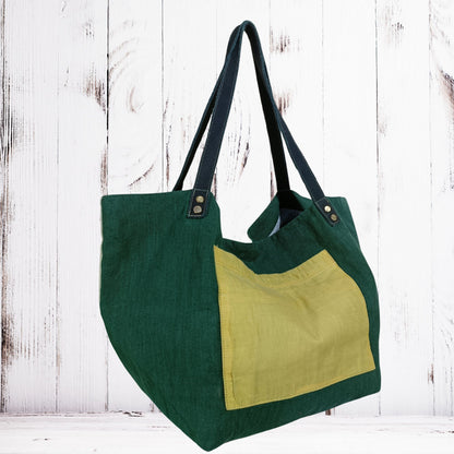 Large Linen Handbag with Wide Stripe Back – Modern Classic Everyday Tote