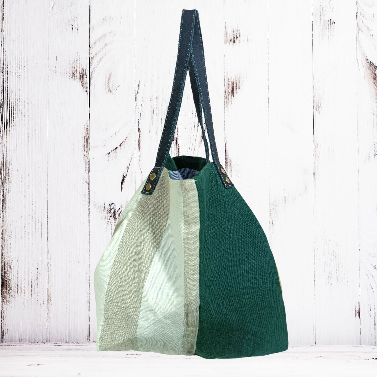 Large Linen Handbag with Wide Stripe Back – Modern Classic Everyday Tote