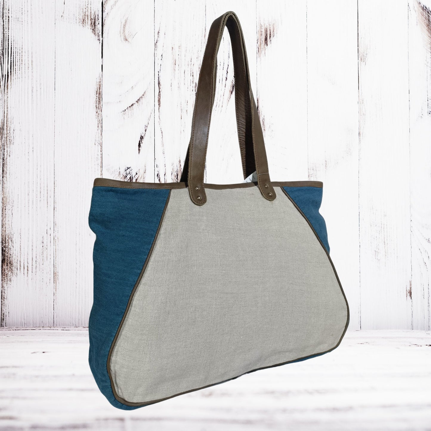 Large Linen Tote Bag with Leather Strap
