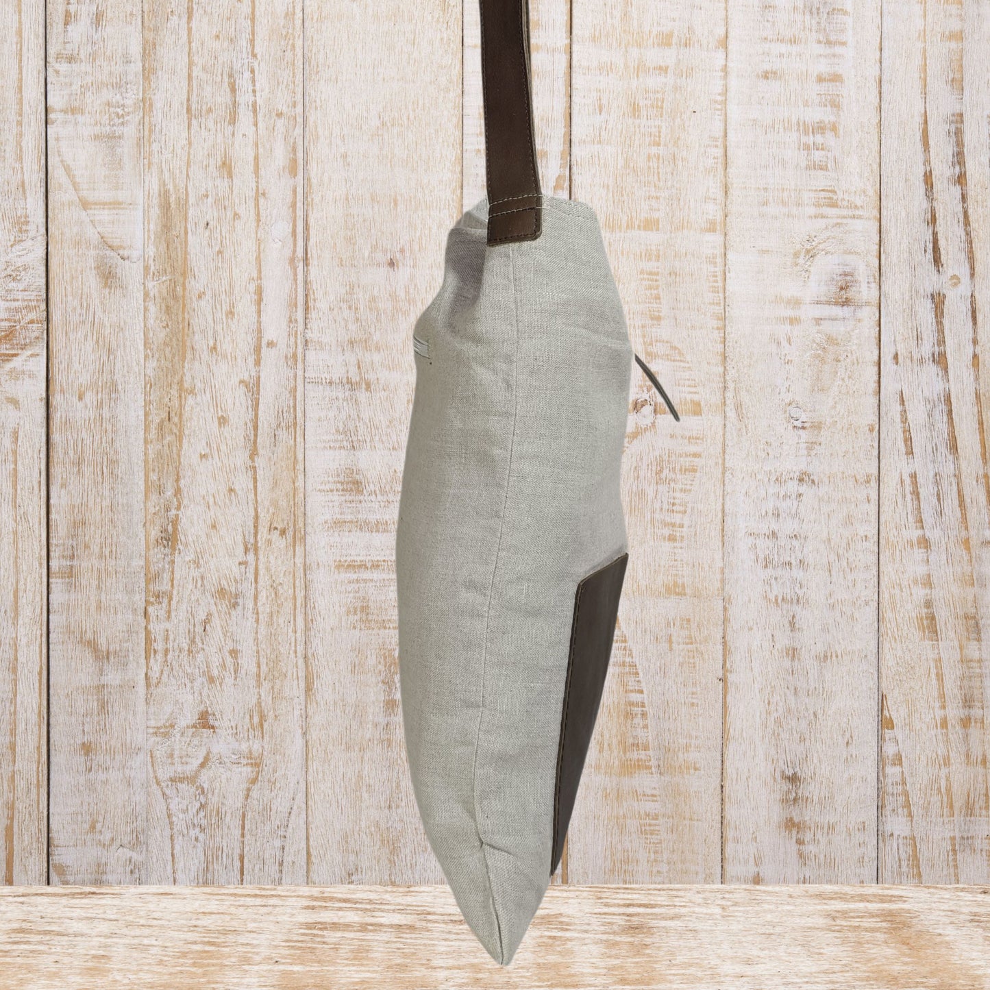 Large Linen Tote Bag with Leather Straps &  Pockets