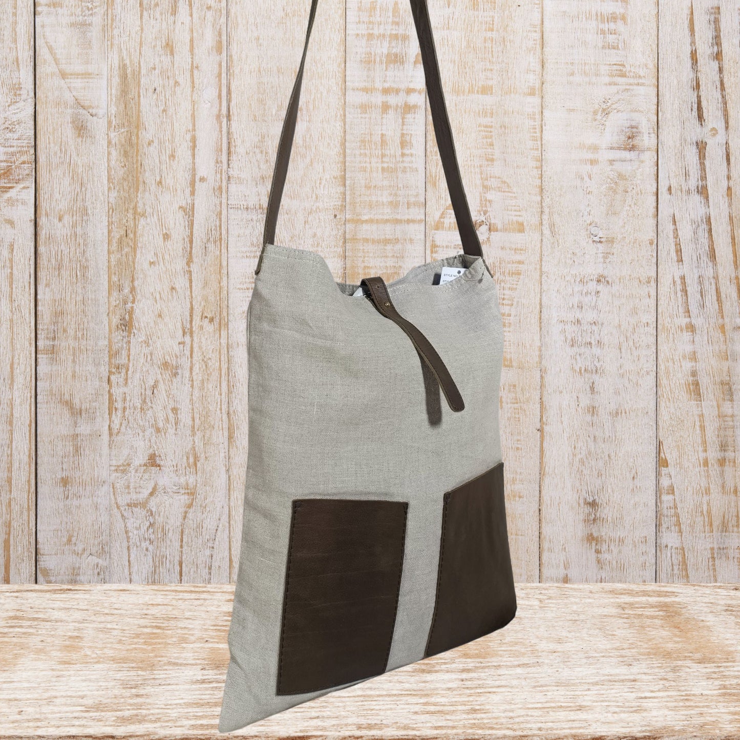Large Linen Tote Bag with Leather Straps &  Pockets