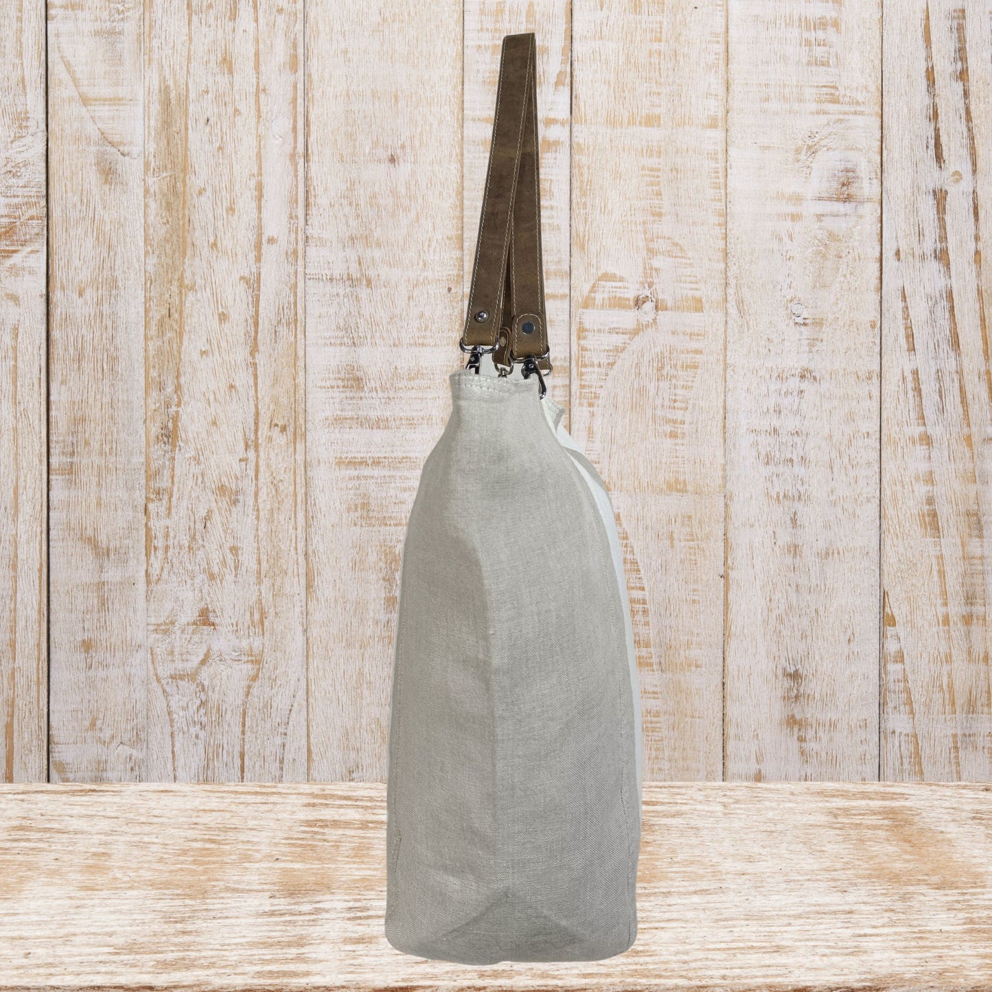 Large Linen Tote Bag with Leather Straps
