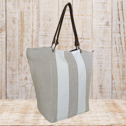 Large Linen Tote Bag with Leather Straps