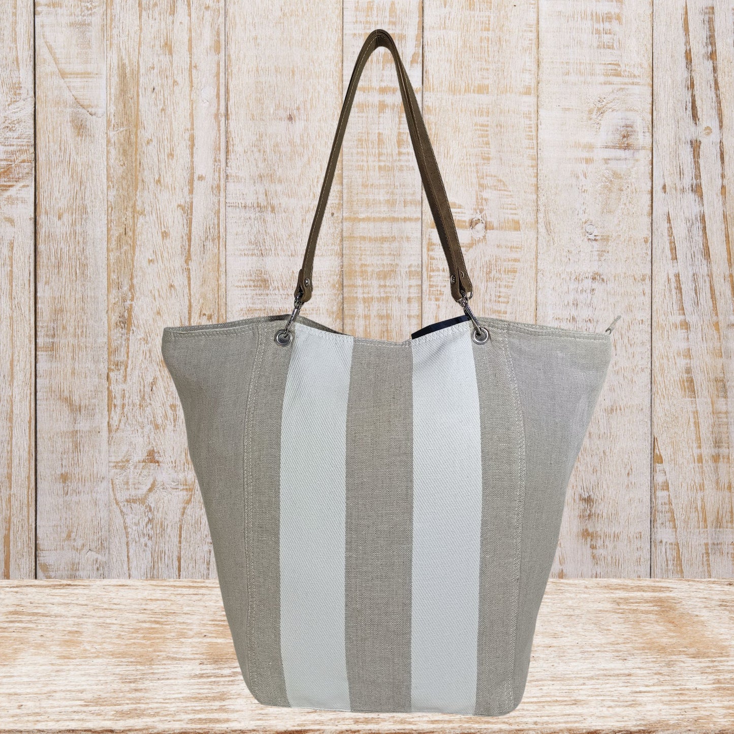 Large Linen Tote Bag with Leather Straps