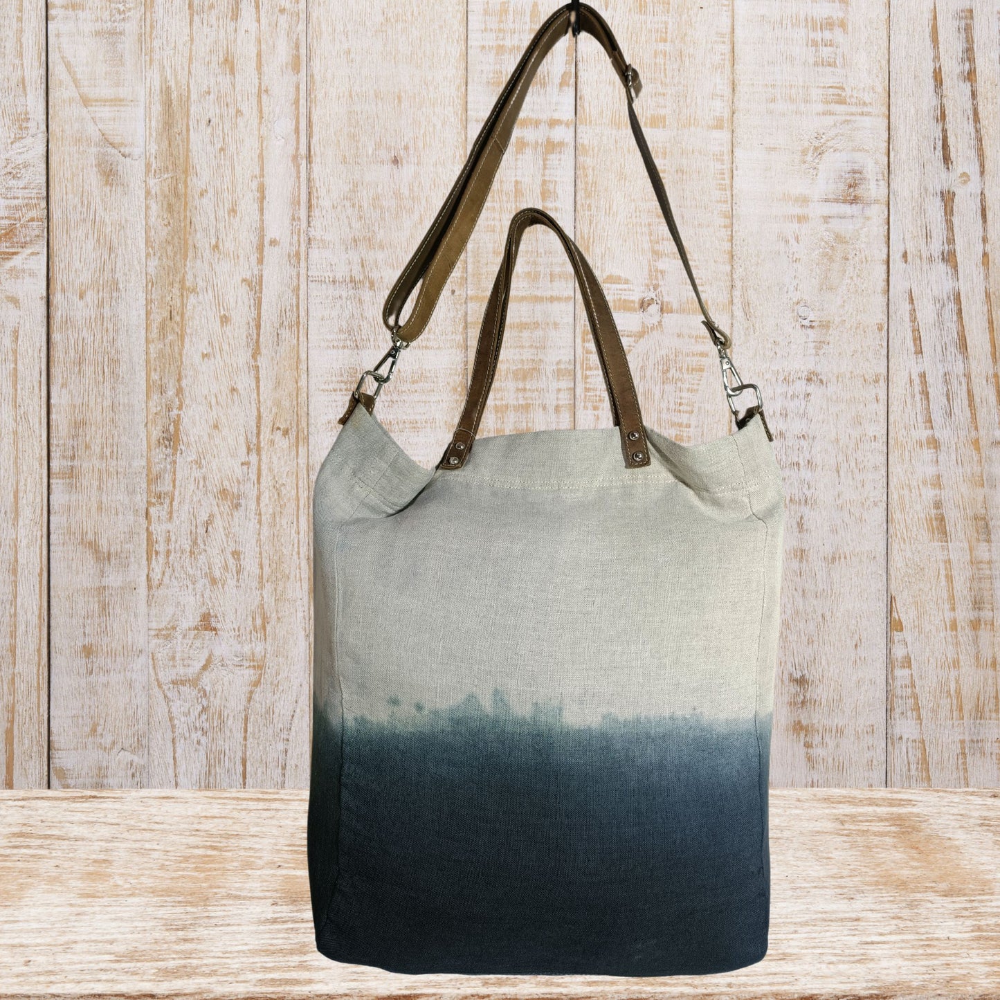 Linen Tote Bag with Leather Straps & Ombre Effect