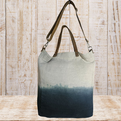 Linen Tote Bag with Leather Straps & Ombre Effect