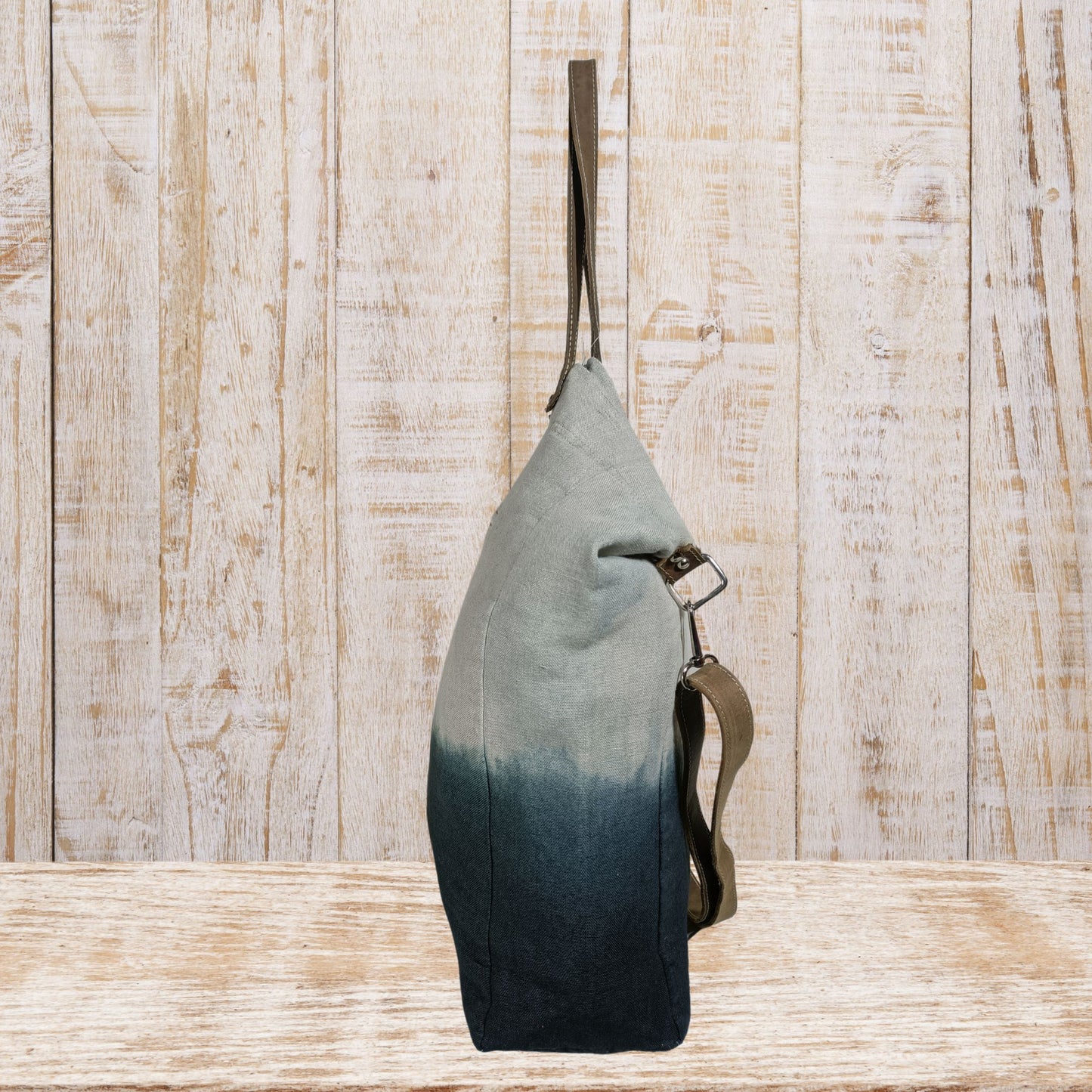 Linen Tote Bag with Leather Straps & Ombre Effect