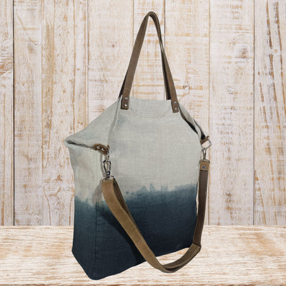Linen Tote Bag with Leather Straps & Ombre Effect