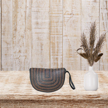 Black & Brown Leather Wristlet Pouch With Braid Weaving