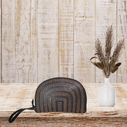 Black & Brown Leather Wristlet Pouch With Braid Weaving