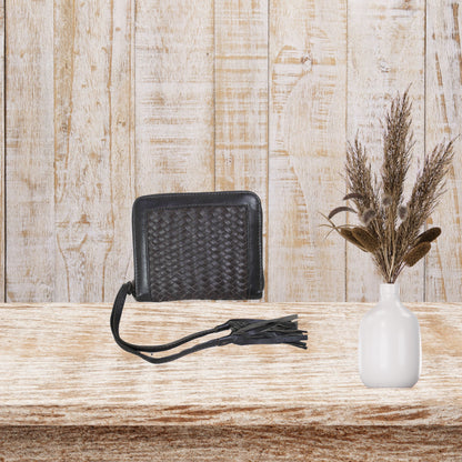 Brown Leather Wristlet Pouch with Tassel