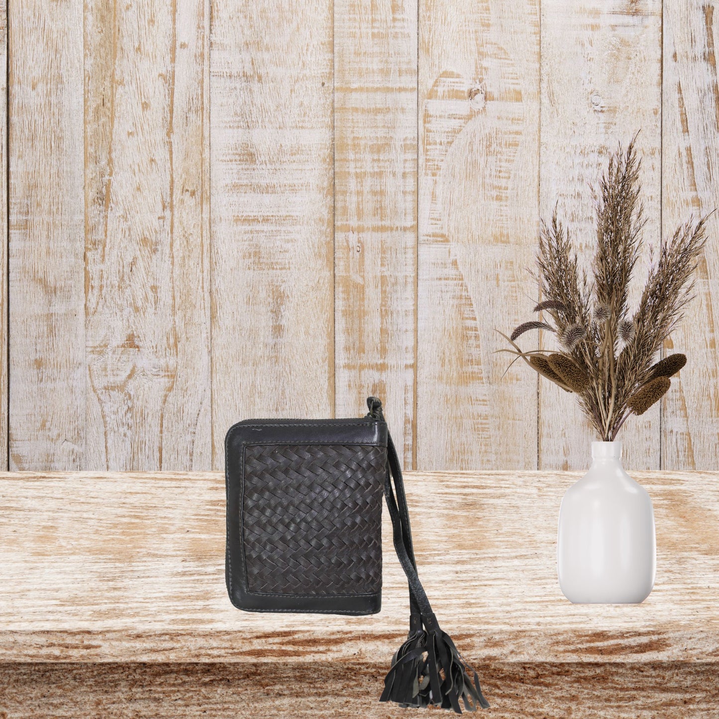 Brown Leather Wristlet Pouch with Tassel