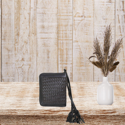 Brown Leather Wristlet Pouch with Tassel