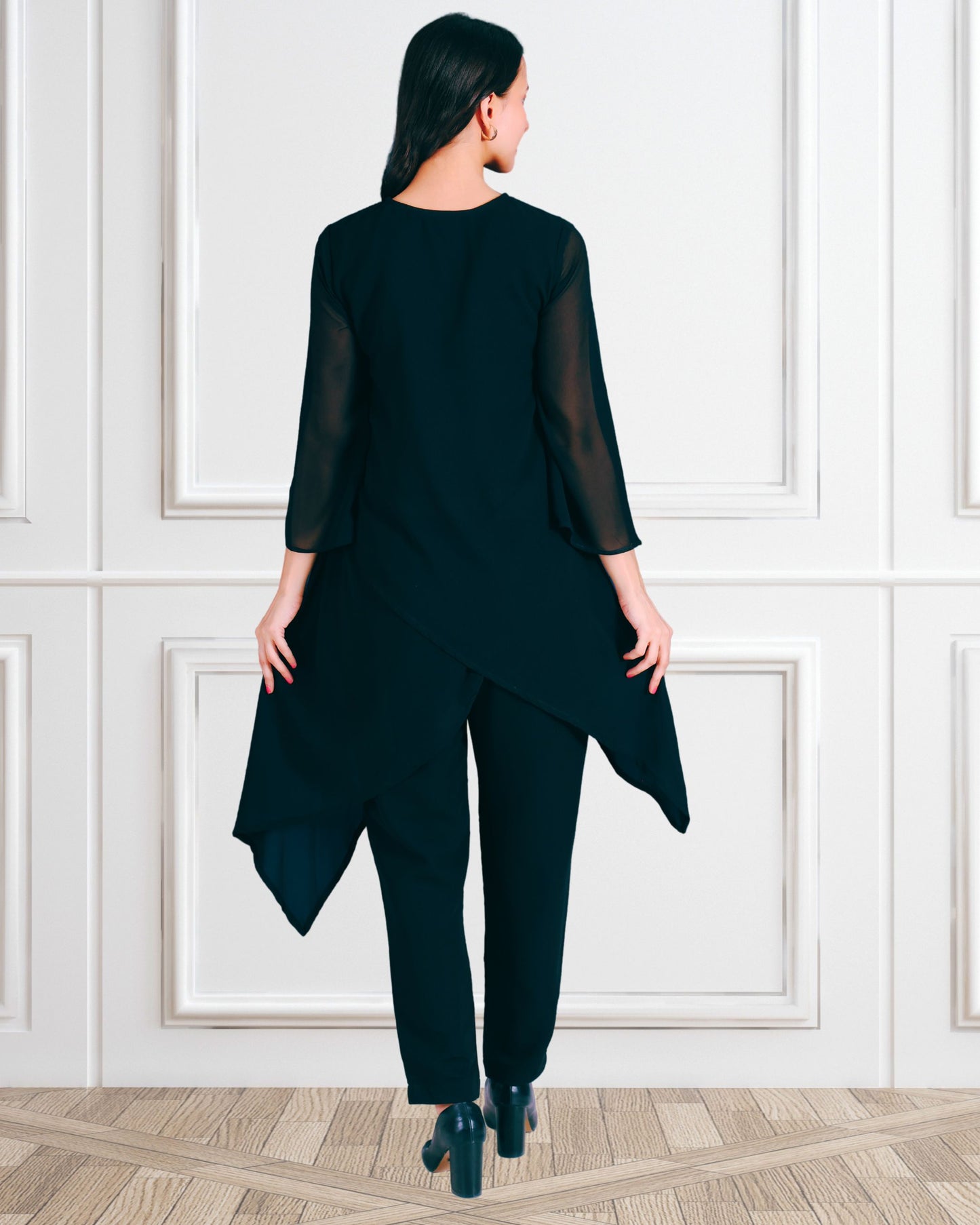 Elegant Sequins Embellished Asymmetric Tunic & Pant Set
