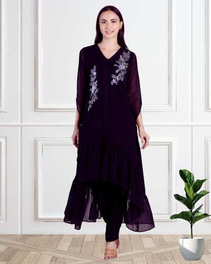 Stylish Sequins Embellished Frill High Low Top with Matching Pants for Women