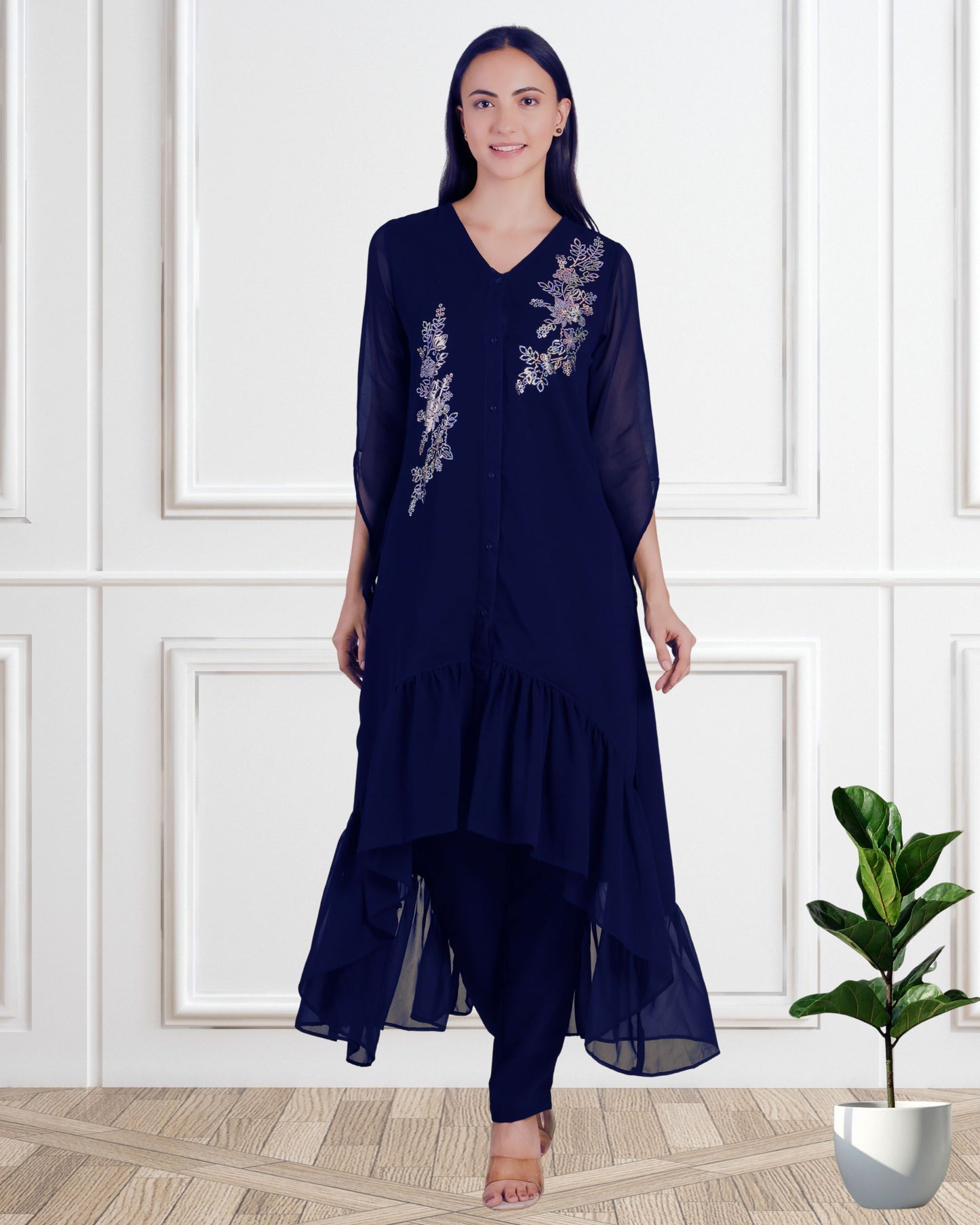 Stylish Sequins Embellished Frill Top with Matching Pants for Women