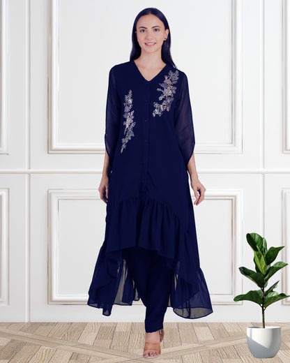 Stylish Sequins Embellished Frill Top with Matching Pants for Women