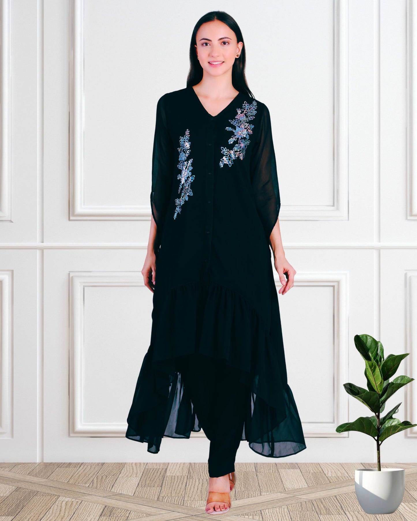 Stylish Sequins Embellished Frill High Low Top with Matching Pants for Women